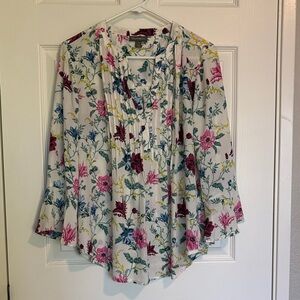 Style & Co. White Floral Pintuck Peasant Blouse - Pink, Teal & Burgundy